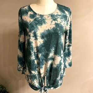 Kim & Cami women’s metallic sheen splash pattern stretch knit top tie front Med